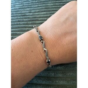 Sterling Silver‎ Black Sapphire Stone & Diamond Accents Bracelet Delicate Chain